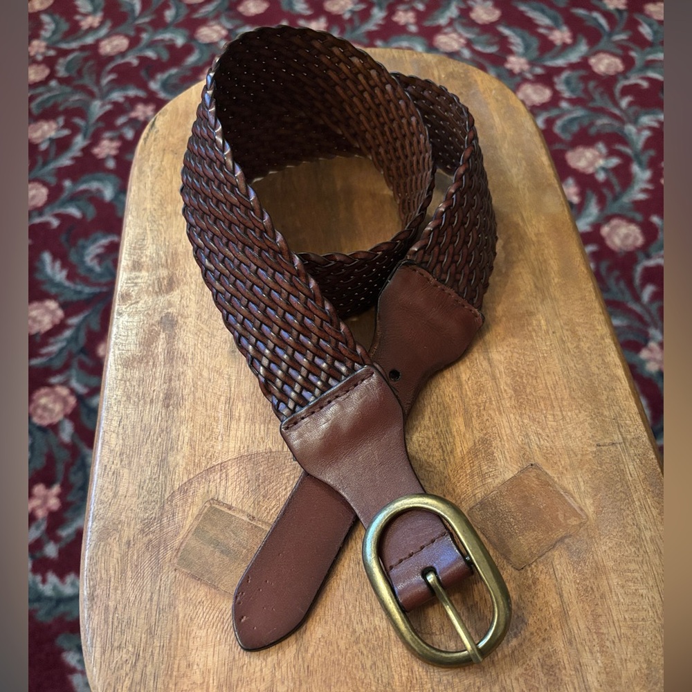 Ann Taylor LOFT Braided Woven Leather Belt Dark Brown with Brass Buckle 36”- 38”